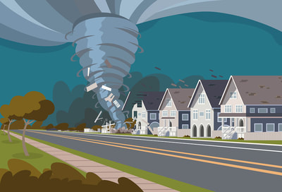 illustration of a tornado or hurricane destroying a house